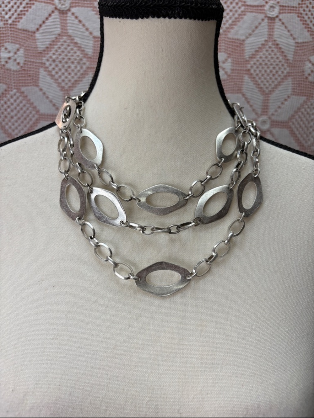 Vintage Silver Tone Multi Strand Chain Necklace Geometric Link Statement